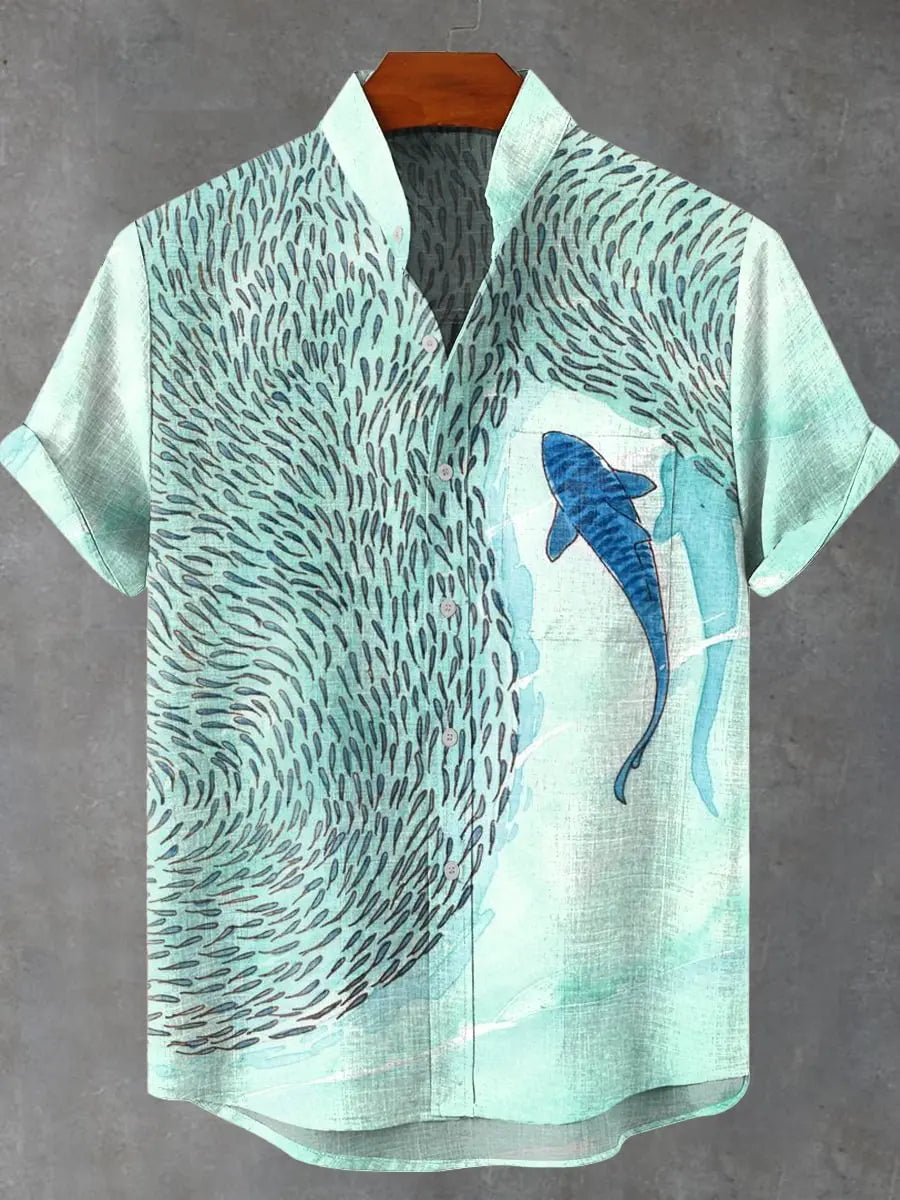 Vintage Fish Pattern Men's Art Shirt Short Sleeve Linen Casual 3D Geometric Printed Shirt Summer New Collection