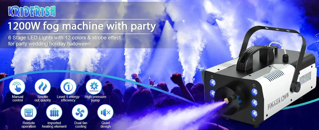 1200W Smoke Machine RGB 6LEDs Lighting Fog Machine Remote Control Stage Smoke Haze Generator for Disco Party Nightclub Wedding