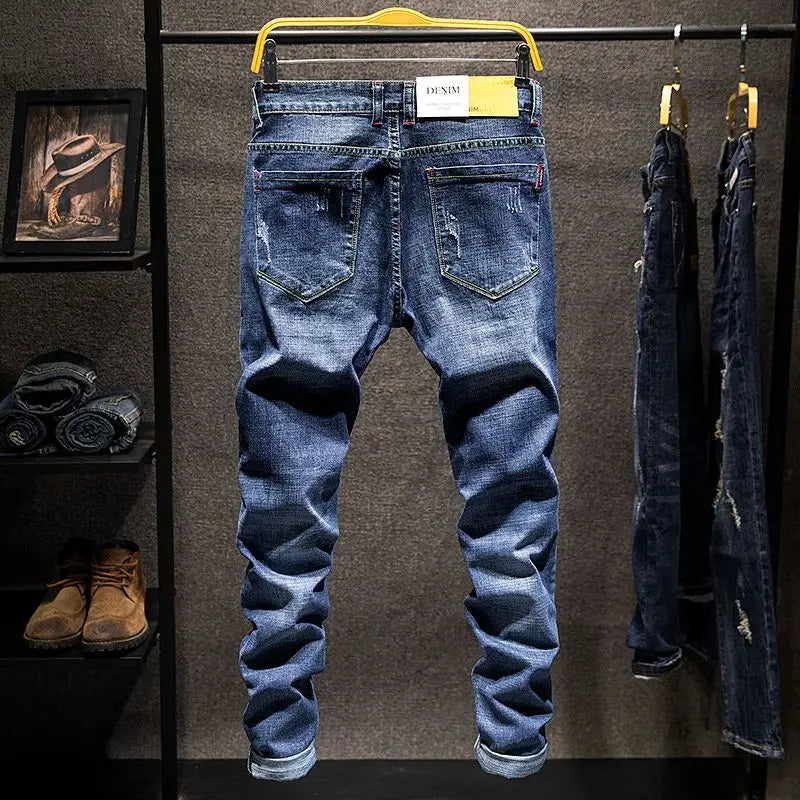Elastic Fashion Jeans Men Ripped Vintage Slim Denim Pants Hip Hop Distressed Frayed Fashion Men's Clothing Pants