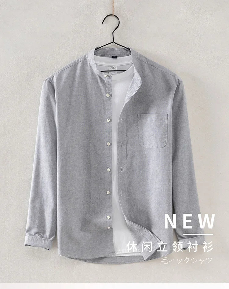 2027 Cotton Stand-up Neck Oxford Spinning Anti-wrinkle Casual  Spring  Autumn New Men's Shirt Jackets  Long Sleeve Shirt Men's