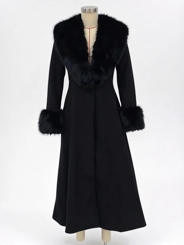 Women Detachable Faux Fur Collar Long Wool Blend Elegant A‑line Maxi Dress Coat Winter Vintage Luxury Slim Fit Wedding Outerwear