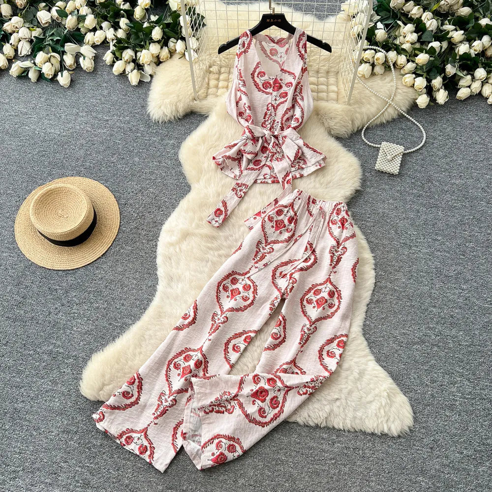 SINGREINY Boho Print Vacation Suits Summer 2026 Sleeveless Lace Up Tank Top+Loose Wide Leg Pant Chic Lazy Casual Women 2pcs Sets