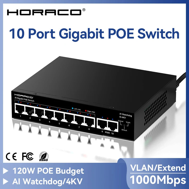 HORACO 8 Port Gigabit POE Switch 1000Mbps Active POE Network Switch for IP Camera,NVR,Surveillance,CCTV,POE Camera