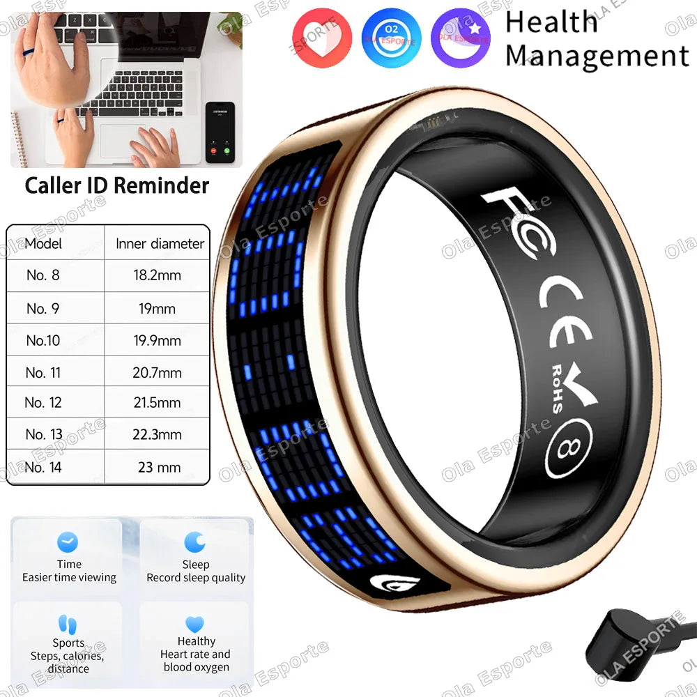 Call ID Reminder Smart Ring Display Screen Touch,Tasbih Counter,Health Manager,5ATM Waterproof Multiple Sport Mode MenWomen HT30
