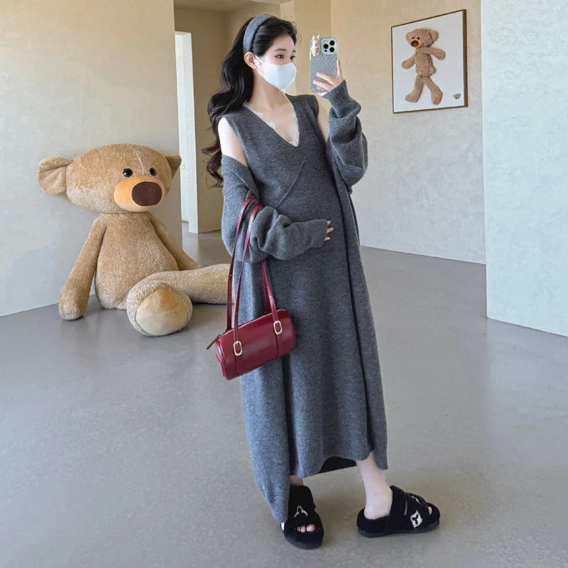 Maternity Suit  Autumn High-End Lazy Style Versatile Long Coat And Lace Paneled V Neck Straight Tank Dress Two Piece Set