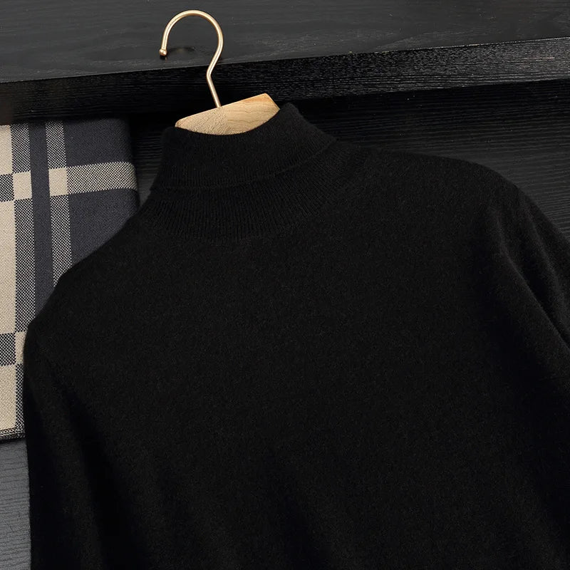Autumn/Winter Men's 100% Cashmere Pullover Business Casual Solid Knitted Sweater Loose High Collar Tops Basic Thick Warm Jumper