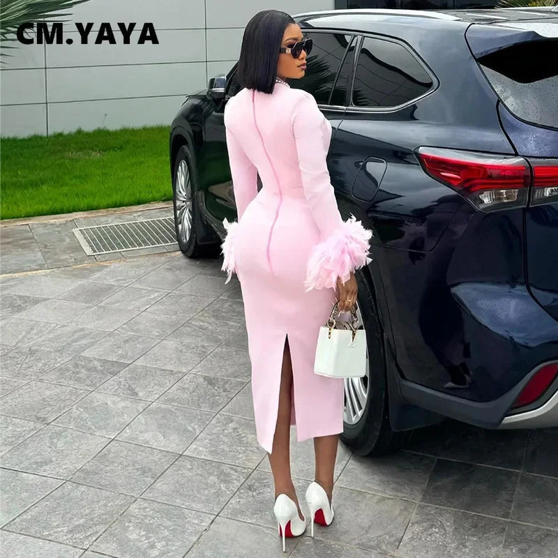 CM.YAYA Women Feather Hem Flare Long Sleeve Bodycon Mid-calf Length Dress 2024 Fall Winter Birthday Vestidos Party Even Dresses