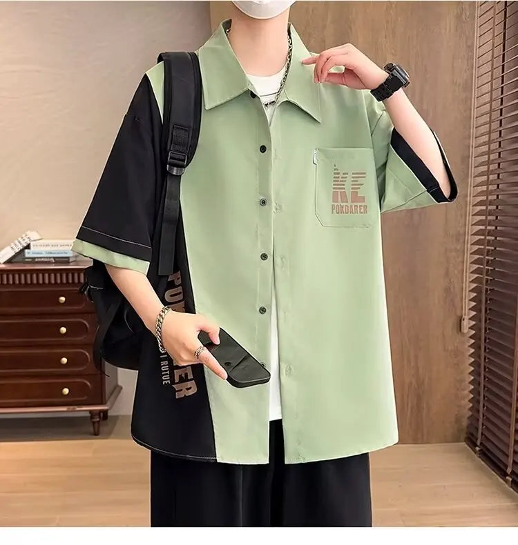 New Shirts for Men Patchwork Graphic T-shirts Men's Clothing Summer Casual Short Sleeved Daily Street Tops Loose Oversized Shirt