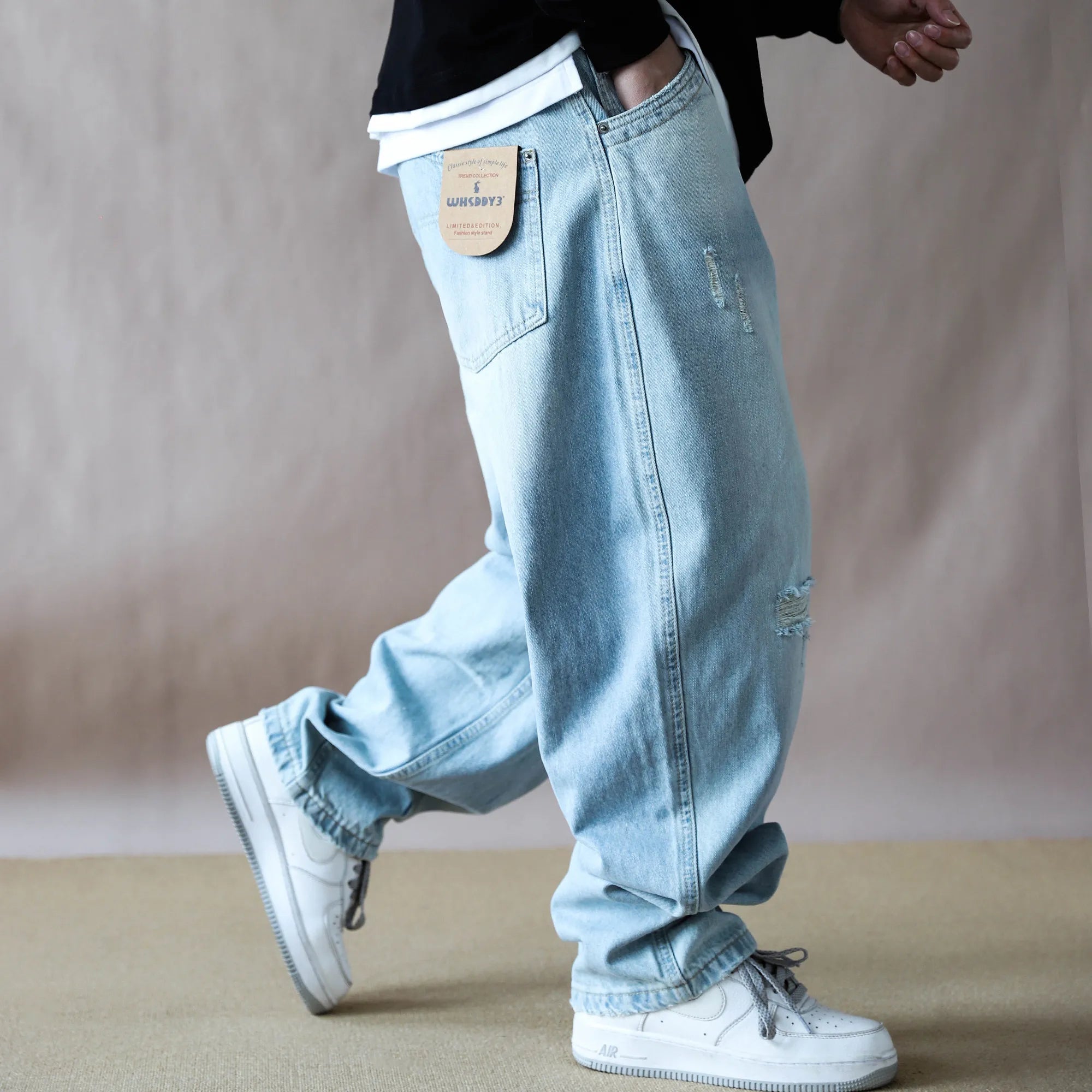 Mens Jeans American Vintage Light Blue Washed Distressed Ripped Patch Baggy Loose Curved Tapered Denim Pants Streetwear Hip Hop