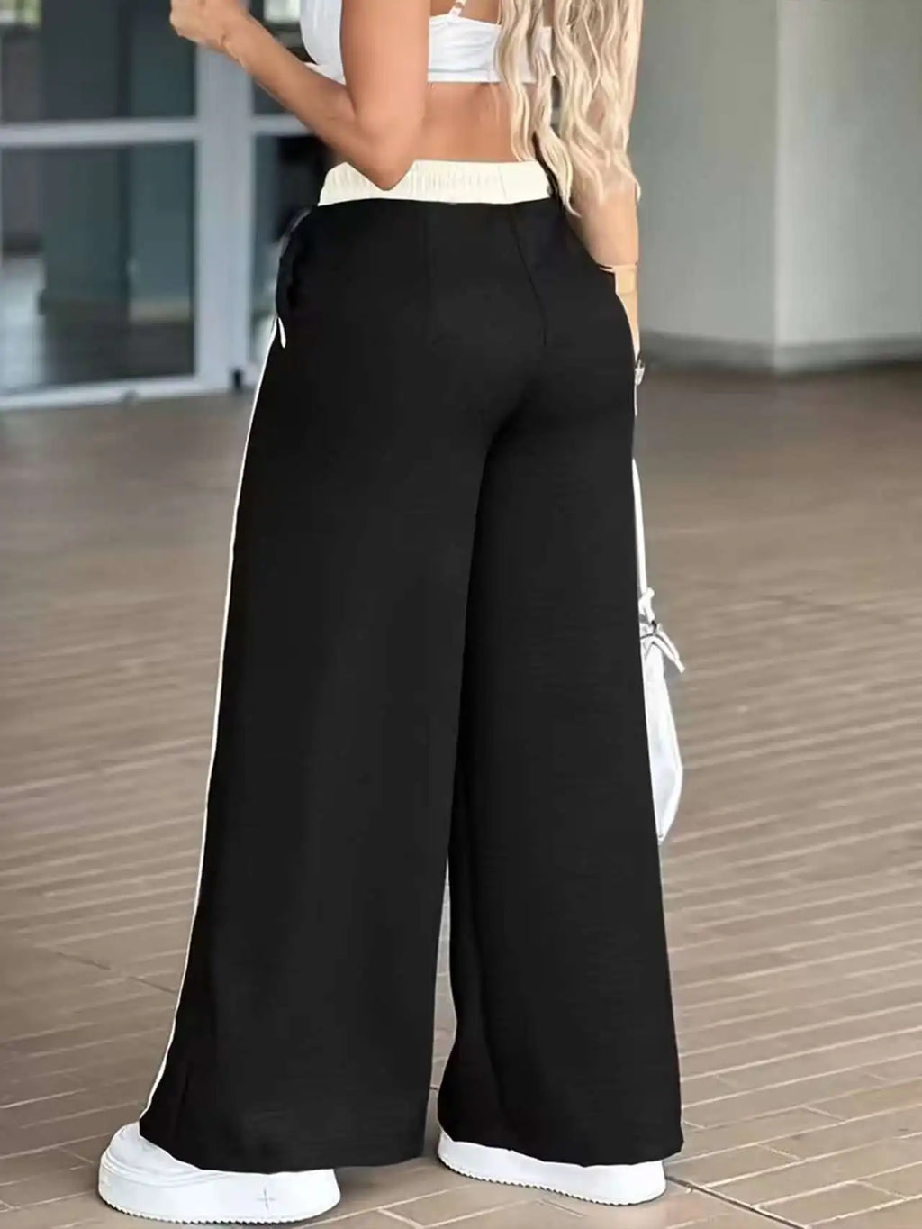 Women's Fashion Casual High Waist Straight Wide Leg Pants Color Block Patchwork Pockets