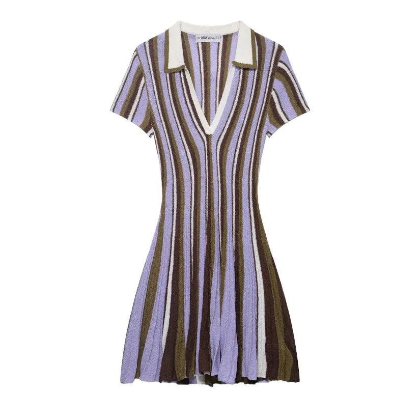 Brown Striped Polo Collar Knitted Short Sleeves Dress V-neckline Waist Cinching Flared Hem Mini Dresses Women Daily Casual Robes