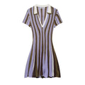 Brown Striped Polo Collar Knitted Short Sleeves Dress V-neckline Waist Cinching Flared Hem Mini Dresses Women Daily Casual Robes