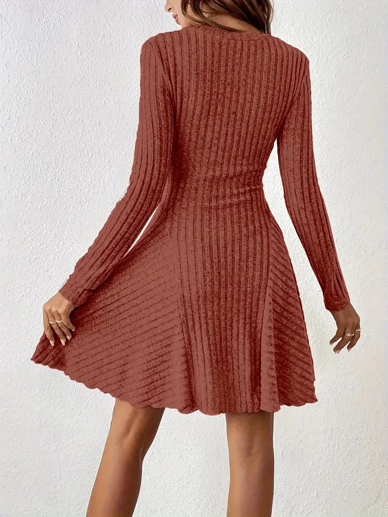 Women's V-Neck Knit Dress - Long Sleeve Swing Mini Dress, Elegant Bodycon Short Dress