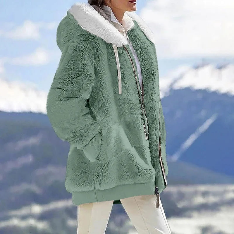 New Style Winter Fashion Women's Coat Casual Hooded Zipper Ladies Clothes Cashmere Women Fleece Jacket Solid Color Ladies Coats