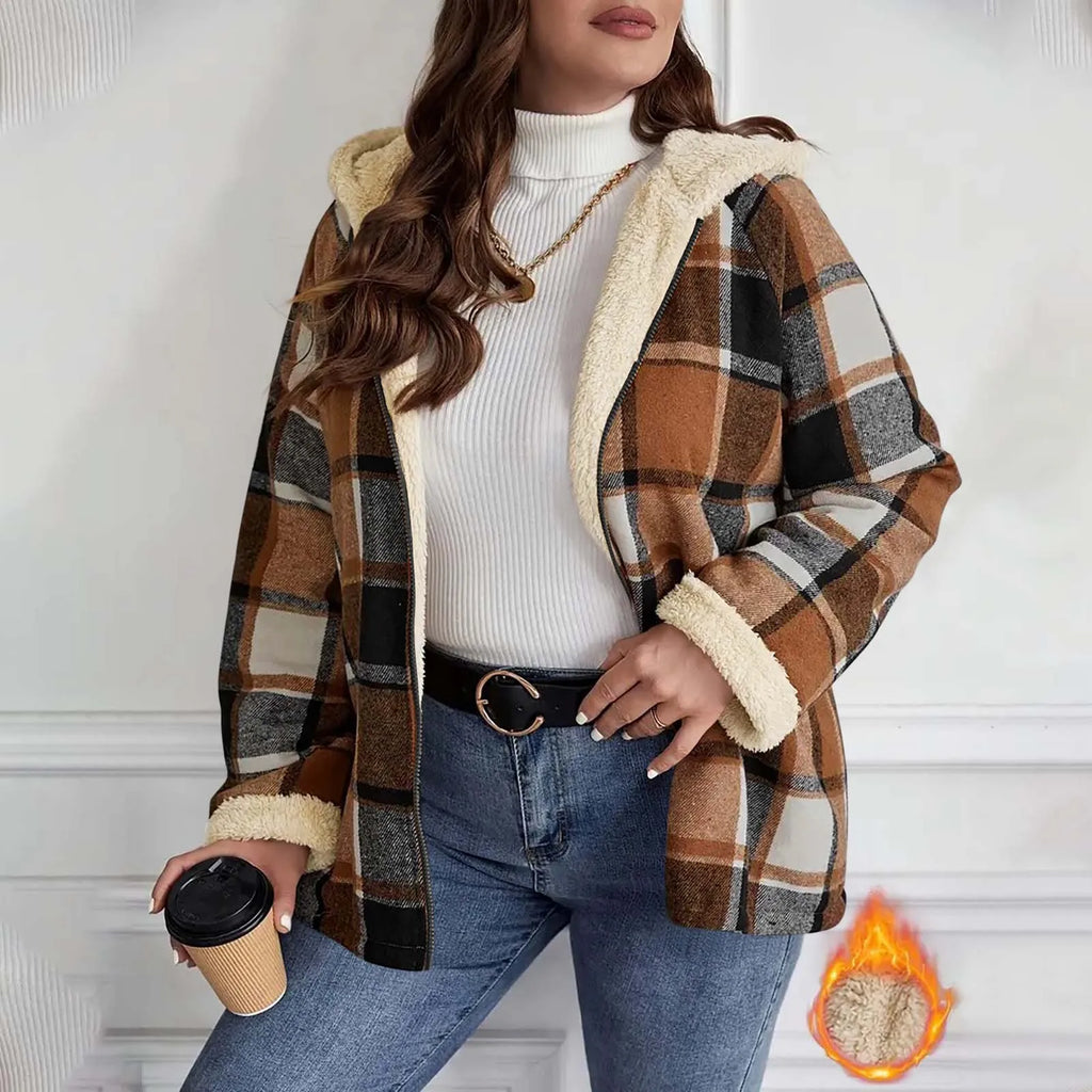Women's Large Plaid Style Womens Jacket With Hooded Plaid Autumn And Winter Casual Loose Black White Plaid Coat Button Fall Top