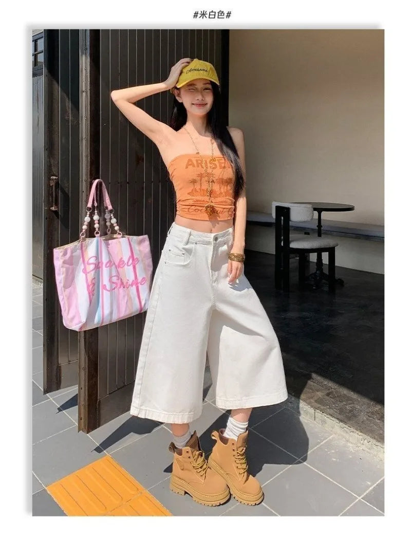 Retro High Waist Wide-leg Jeans Women Summer New Fashion Loose Straight Calf-Length Denim Pants Female Orange Whiter Cowboy Pant