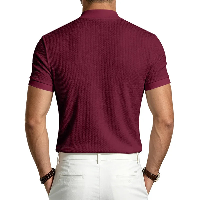 Men Summer Solid Jacquard Textured Mock Neck Short Sleeve T Shirt Slim Fit Simple Versatile Casual Daily Male Basic Tees