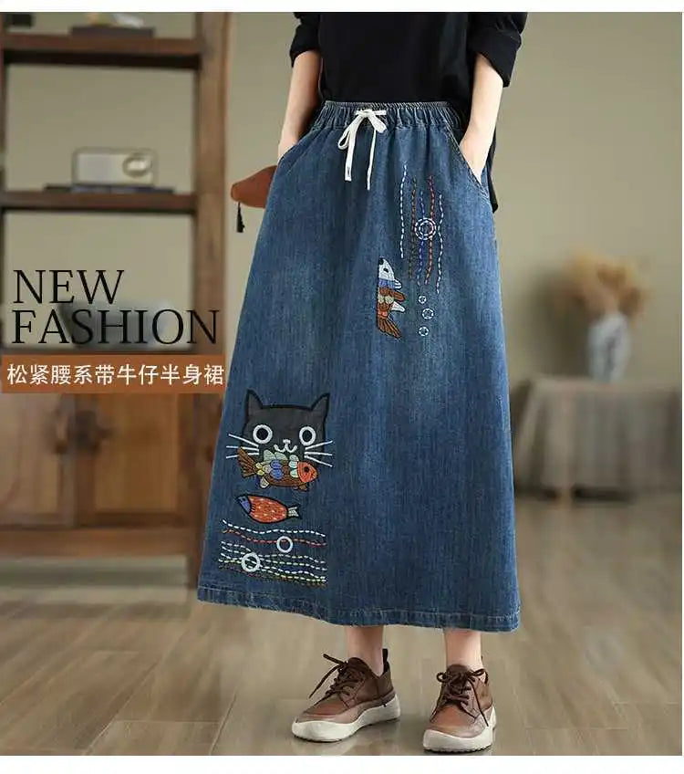 2026 Women's Denim Skirts Retro Cartoon Animal Embroidery Casual Half Skirts Spring Summer High Waist Fashion Loose Midi Skirts