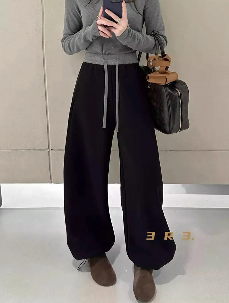 Women Drawstring Baggy Sweatpants High Waist Loose Wide Leg Curved Trousers Casual Soft Streetwear Jogger Pants for Daily Wear
