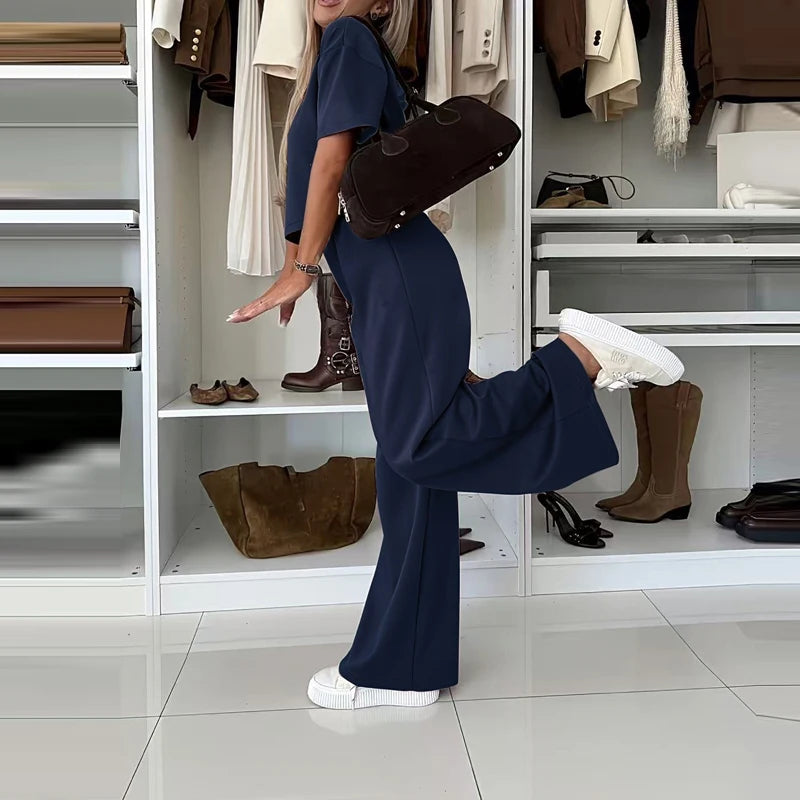 Women Fashion Simple Solid 2 Piece Sets Elegant O-neck Pullover Tops & Long Pant Suits Casual Short Sleeve Loose Summer Outfits