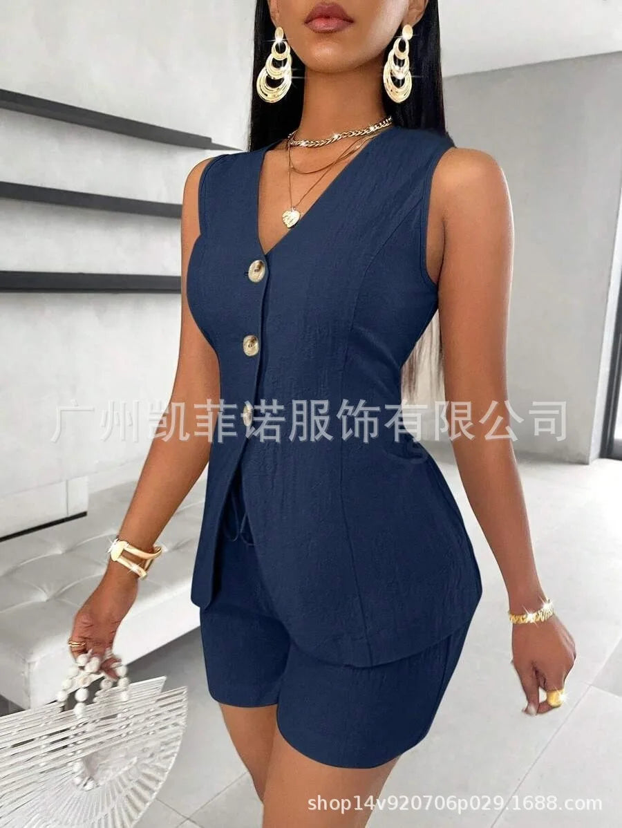 Women Fashion Casual Shorts Set Summer Vest Top Button Solid 2 Pieces Set Lace-up Pant Suits Womens Clothing Office Holiday 2025