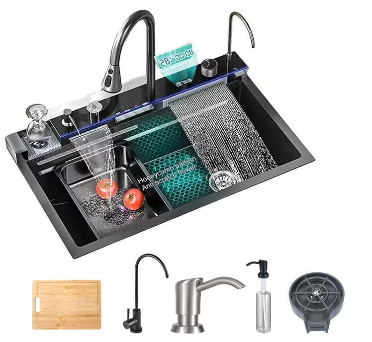 LED Factory 304 Stainless Steel Anti-Scratch Kitchen Sink Multifunction LED Digital Display Pull-Out Faucet Single Bowl Design