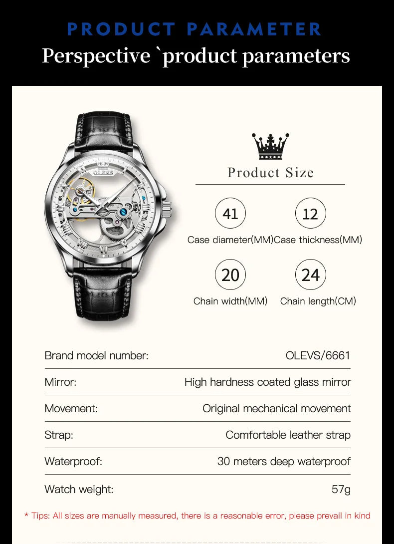 OLEVS Couple Watches Original Fully Transparent Skeleton Automatic Mechanical Watches For Men Women Lover's Gift Luxury Watches