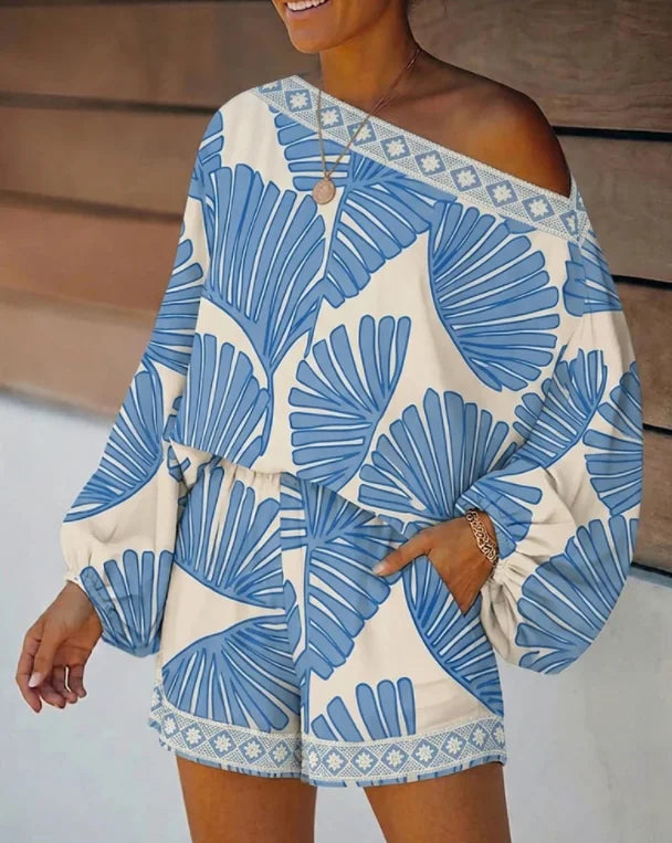 Women'S Tropical Leaf Print Two-Piece Set: Asymmetrical Neck Ruffled Puff Sleeve Top And Elastic Waist Shorts with Pockets