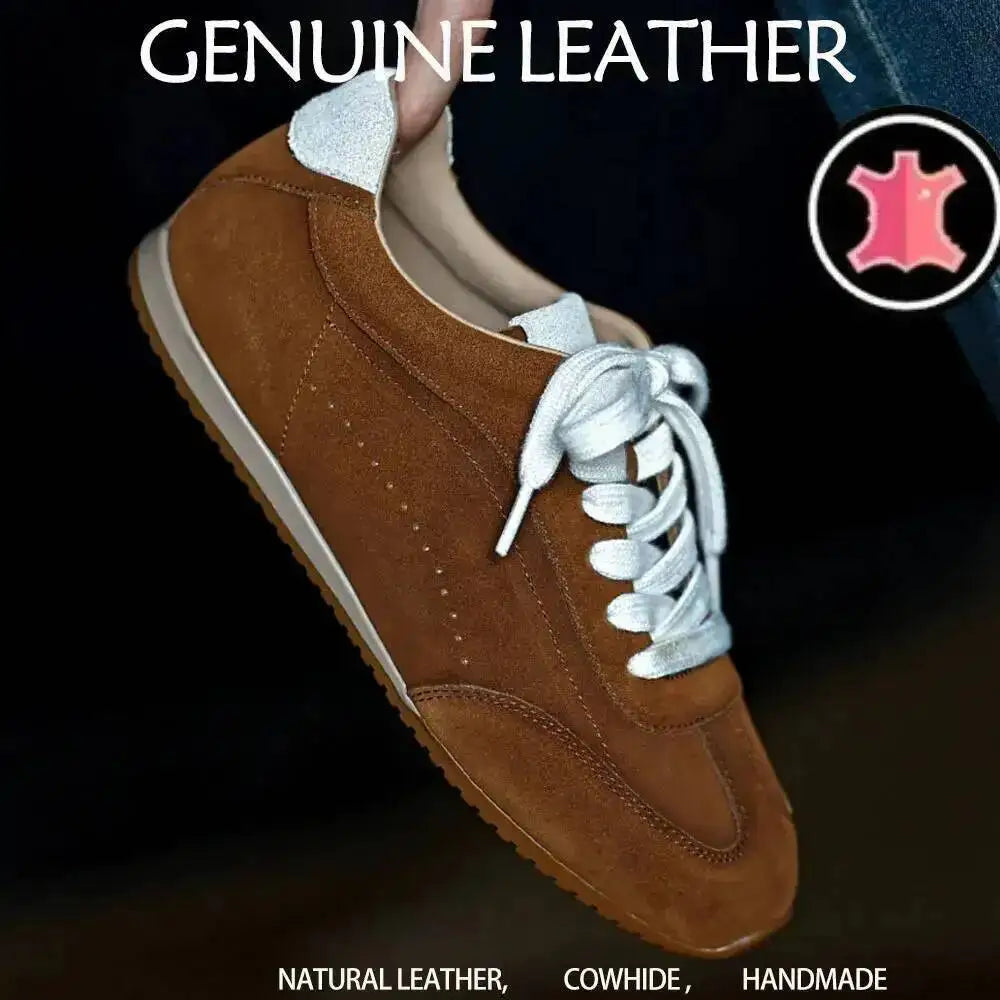Genuine Leather Brown Suede Flat Loafers Shoes Woman Lace Up Leisure Wome Shoes Autumn Casual Comfort Vacation Lovers Shoes