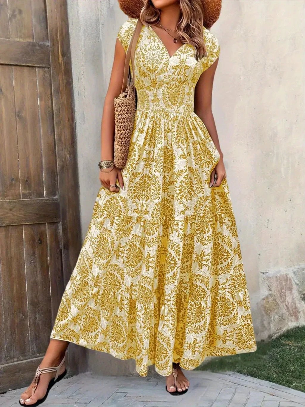 Women's Summer Retro Fashion Floral Printed Sexy V-neck Short Sleeve High Waist Medium Length Bohemian Loose Holidays Dresses