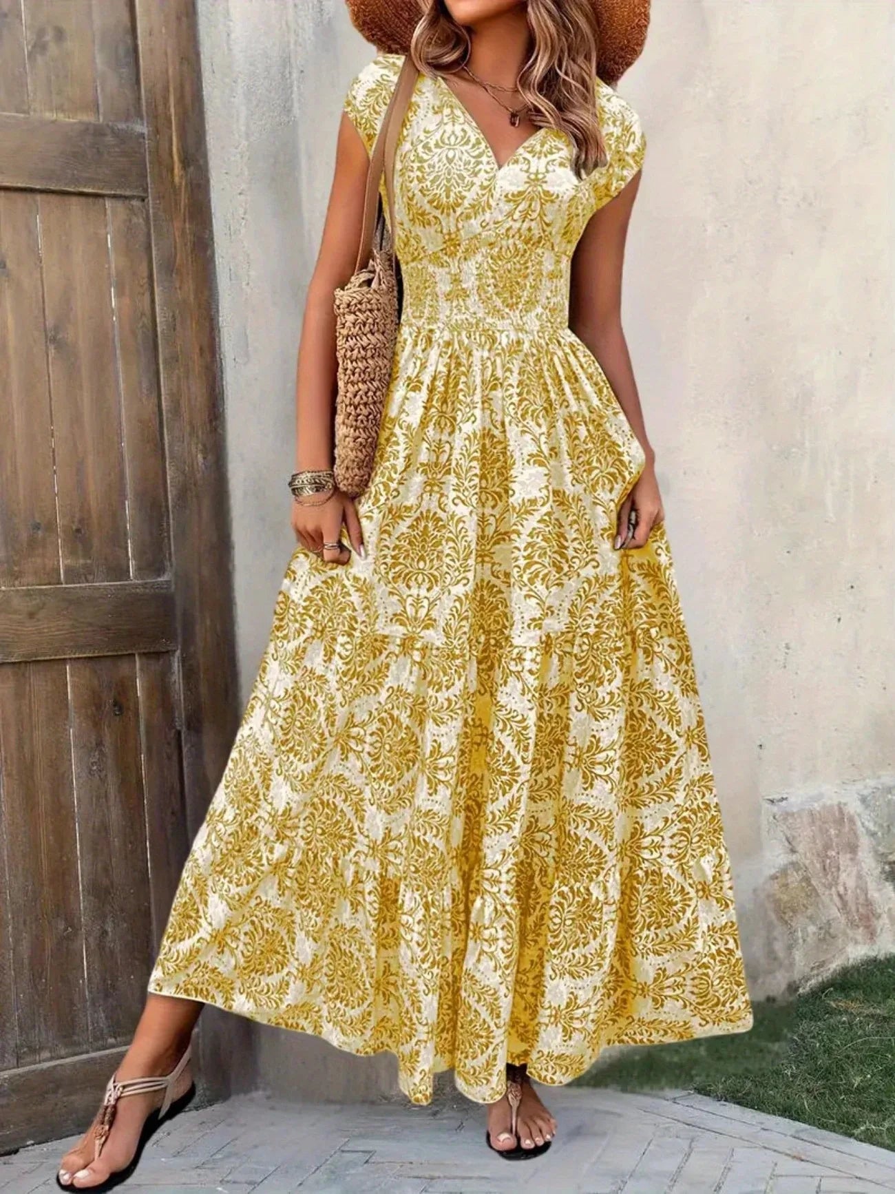Women's Summer Retro Fashion Floral Printed Sexy V-neck Short Sleeve High Waist Medium Length Bohemian Loose Holidays Dresses