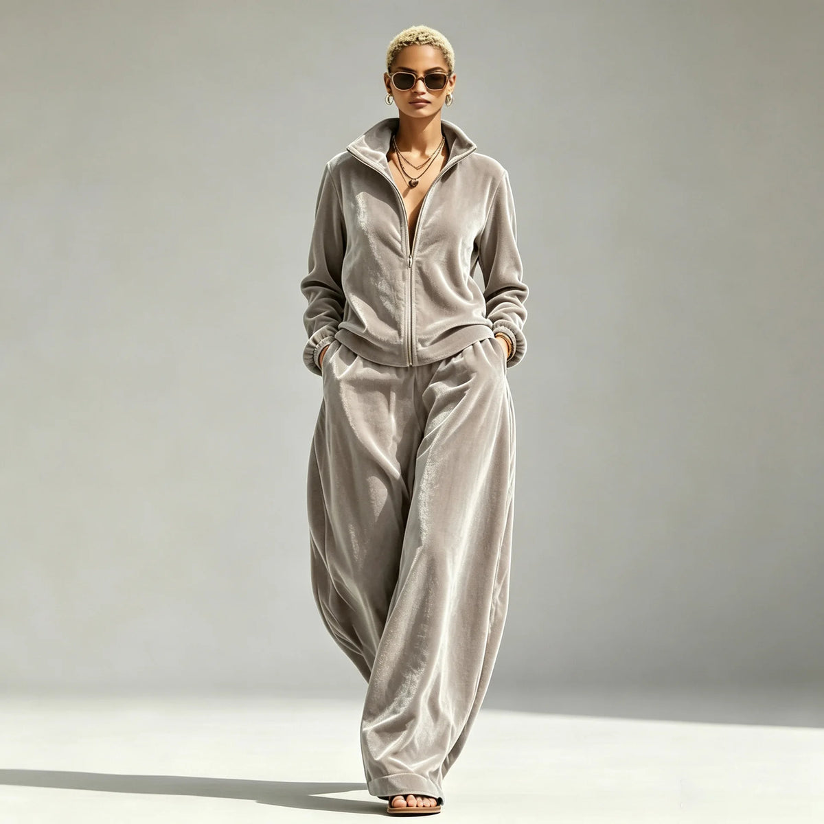Autumn Winter Warm Gold Velvet Two Piece Set Women's Fashion Solid Zipper Open Coat With Wide Leg Pants Set Ladies Office Outfit