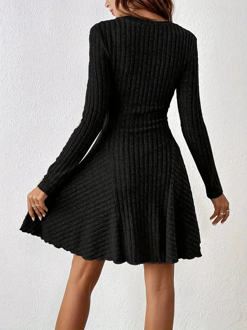 Women's V-Neck Knit Dress - Long Sleeve Swing Mini Dress, Elegant Bodycon Short Dress