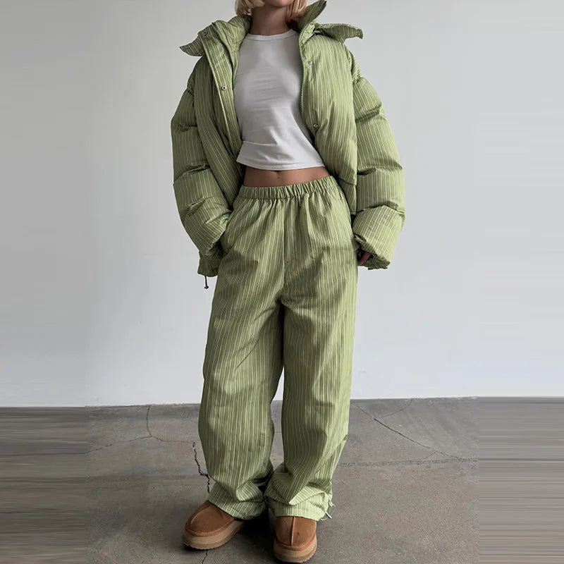 Casual Women's Stripe Set With Hat Full Sleeve Cotton Padded Coat Straight Pants Female Loose Sets 2026 Autumn Winter Lady Suit
