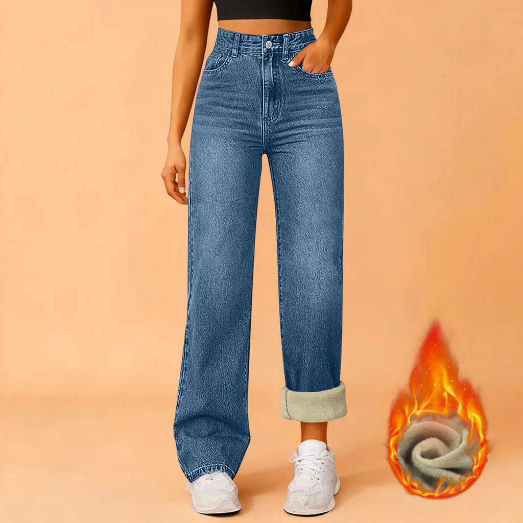 Women Winter Thciken Fleece Warm Denim Jeans Ladies High Street Straight Pants