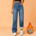 Women Winter Thciken Fleece Warm Denim Jeans Ladies High Street Straight Pants