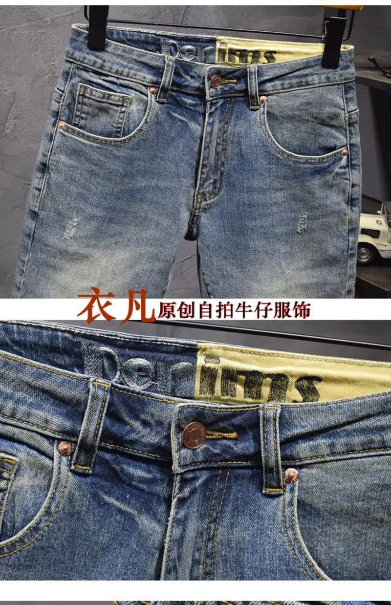 Blue Old Retro Summer Men's Denim Medium Pants Embroidered Scratches Washed Versatile Elastic Shorts Cargo Half Pants Jeans