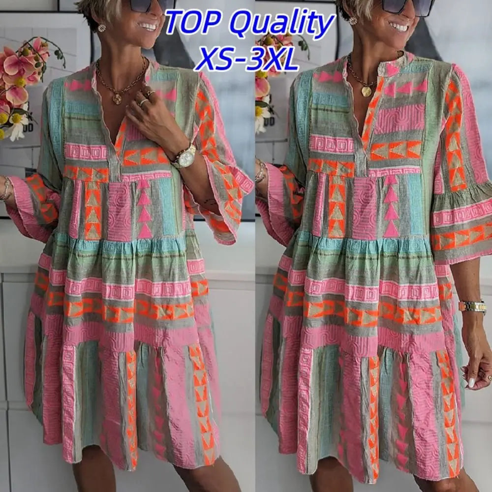 Knee Length Printed Dress Printed Design Breathable Three Quarter Sleeve Dress Loose Fit Comfortable V-Neck Dress Women Wear