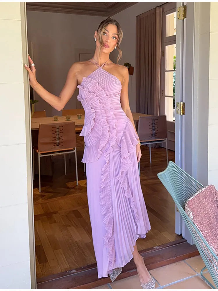 Bohemian Blue Pleated Halter Maxi Dress Women Gentle Sleeveless Asymmetric Ruffles Vestido Romantic Dinner Date Night Gowns 2026