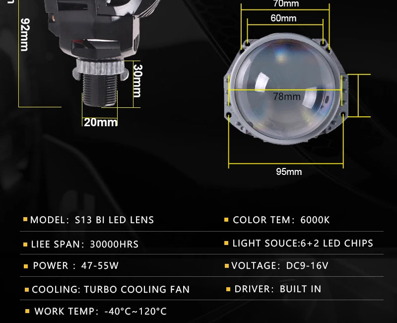 SANVI 2PCS S13 60W 6000K Dual Hyperboloid Bi LED Projector Lens 3R G5 H4 h7 9005 9006 Auto Projector Lens LHD Headlight