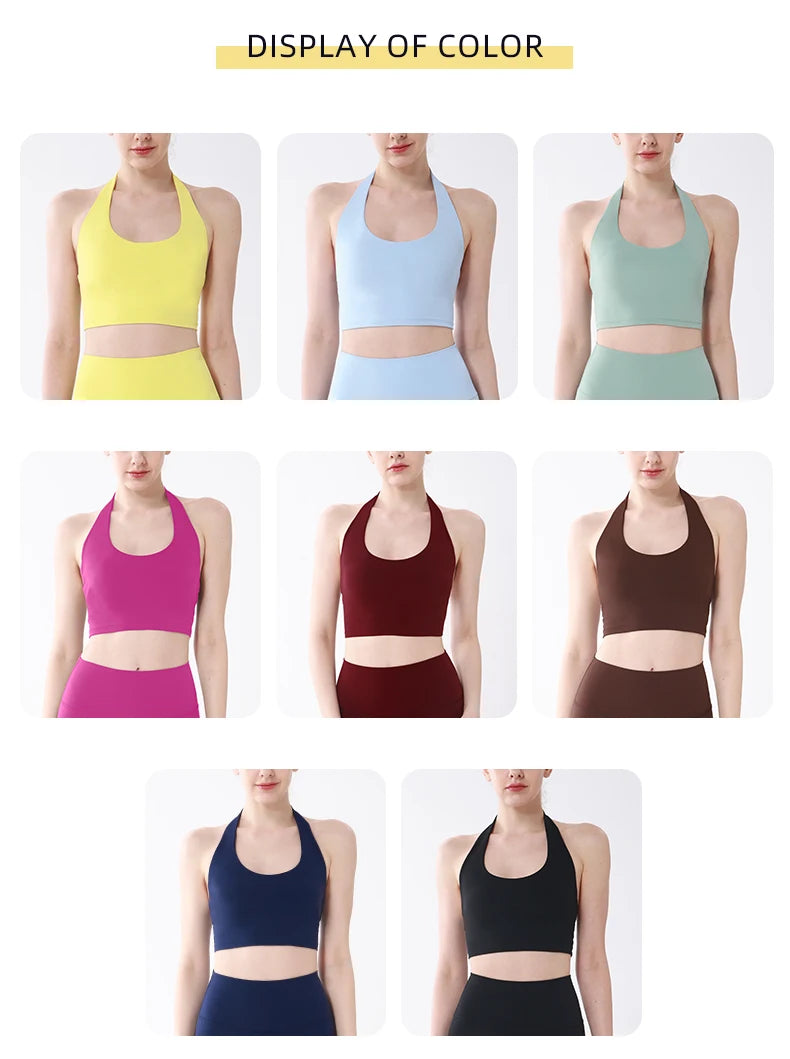 Sports Top Women Sexy Hanging Neck Yoga Bra High Intensity Shockproof Fixed Chest Pad Running Fitness Outdoor Leisure Yoga Vest