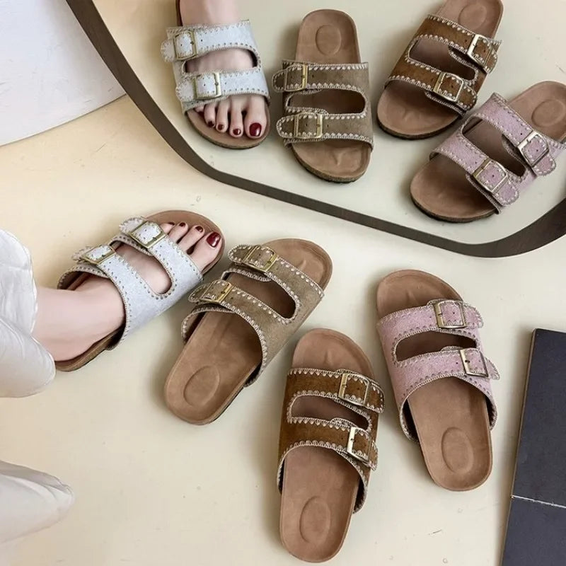 Women's Flat Slide Sandals Open Toe Suede Look Double Buckle Strap Slip on Whipstitch Detail Casual Summer Daily Walking Shoes