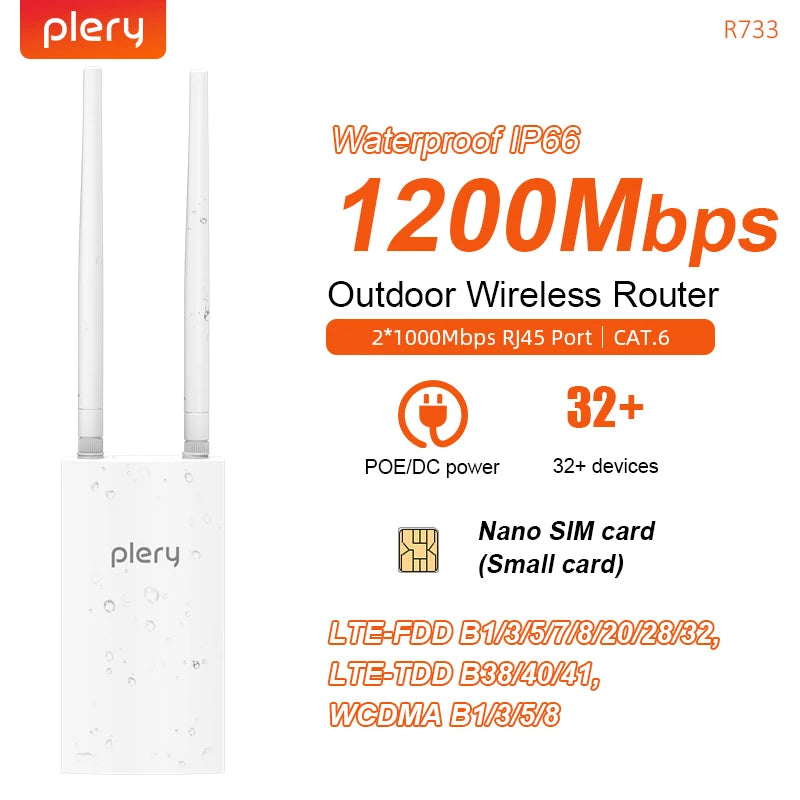 PLERY 1200Mps 4G LTE Router Cat.6 802.11b/g/n/ac 2.4GHz+5.8GHz 4G Outdoor Router+4G Indoor Router 5 g SIM EU Plug For Global