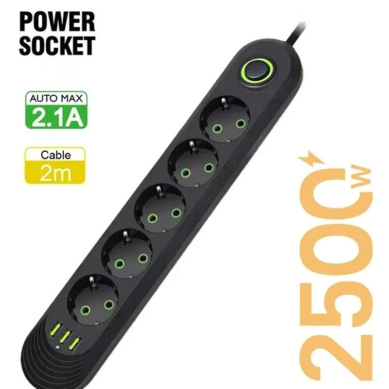 EU Plug AC Outlet 2500W Multiports Power Strip AC Outlet with 3USB Port 2m Extension Cable Round Pin Electrical Charger Adapter