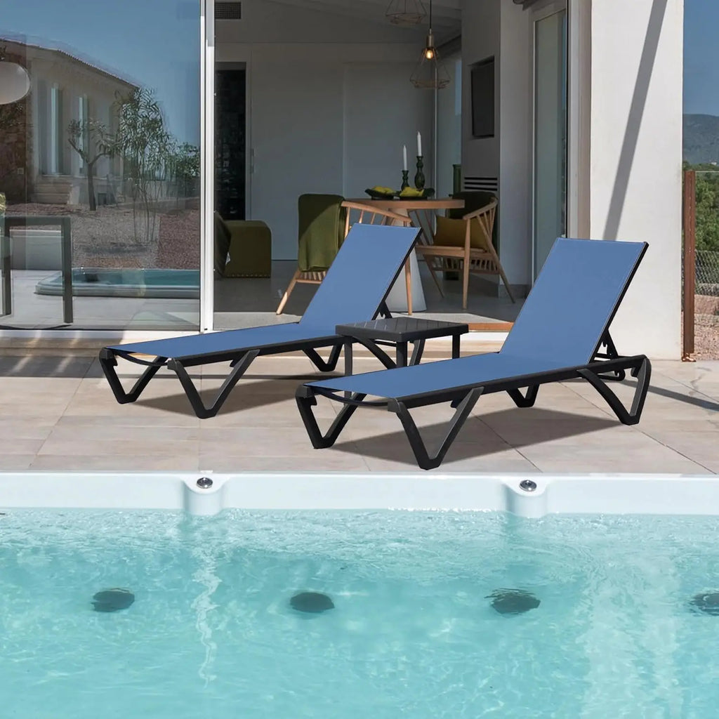 Outdoor Aluminum Chaise Lounge 3-Piece Set 5-Position Adjustable Recliner with Side Table for Patio Beach Pool Yard, Customized