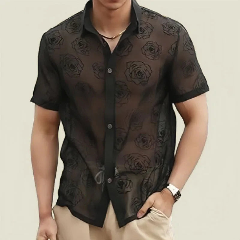 Spring/Summer Men's Fashion Lace Short-sleeved Shirt Party Club Sexy Hollowed-out See-through Shirt Casual Street Men's Clothing