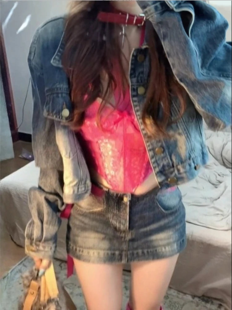 Retro Korean Style Women 2 Piece Denim Suits Y2K Denim Jacket + Mini Skirt Casual Street Outfits Fashion Jean Two‑Piece Sets