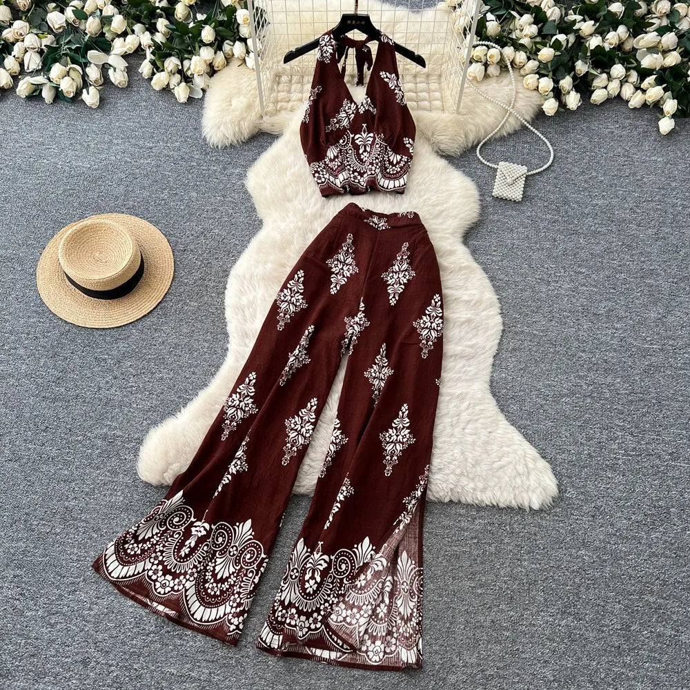 Women's Summer Two Pieces Bohemian Vacation Printed Halter Neck Sleeveless Top High Waist Wide Leg Pants Two-piece Set TP044