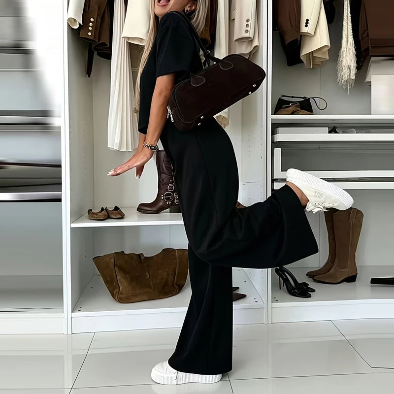 Women Fashion Simple Solid 2 Piece Sets Elegant O-neck Pullover Tops & Long Pant Suits Casual Short Sleeve Loose Summer Outfits
