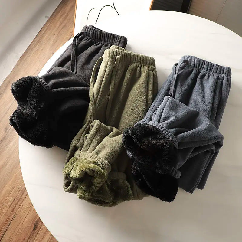 Fleece and Lambswool Men Sweatpants Winter Embroidery Thick Warm Double-sided Velvet Windproof Thermo Trousers Soft Harem Pants